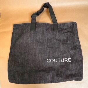 Large Black Lined Denim Tote Bag Faux Leather Handles Couture 18 x 21